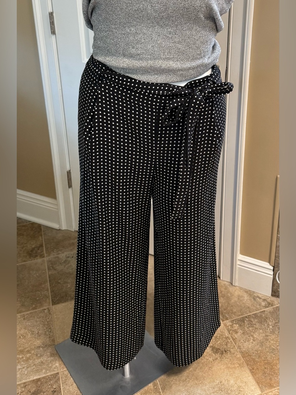 Black Polka Dot Tie-Waist Wide-Leg Pants